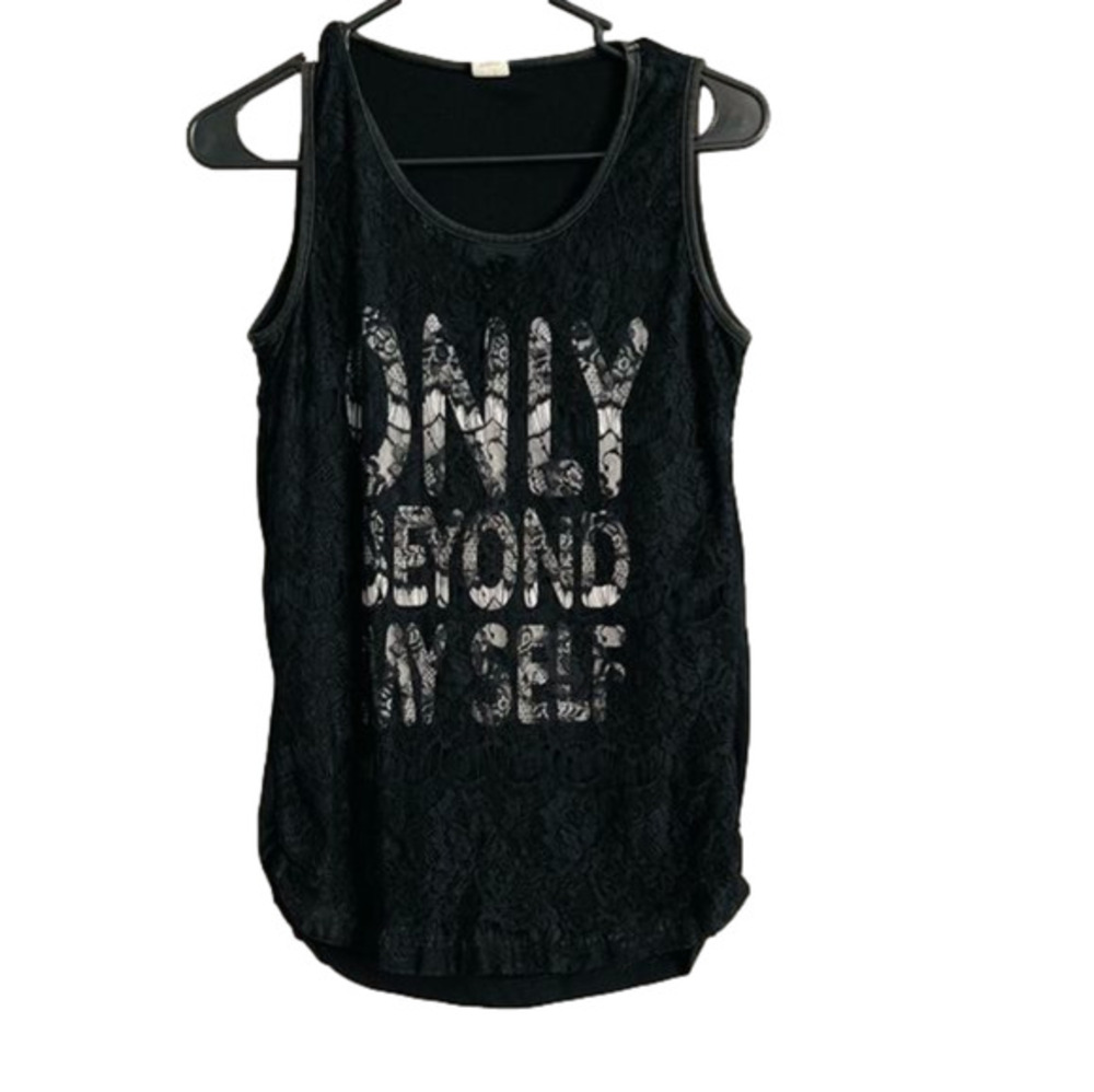 Black Lace Overlay White Graphic Lettering Tank Top Only Beyond Myself